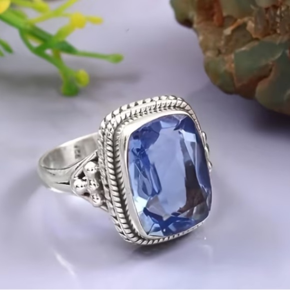 Sterling Silver Blue Synthetic cubic Zirconium Statement Ring - Size 7.5